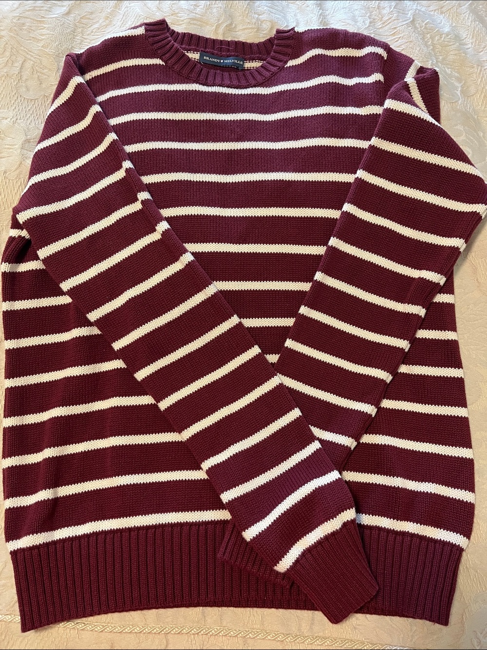 Brandy Melville Burgundy & Cream Striped Crewneck Sweater